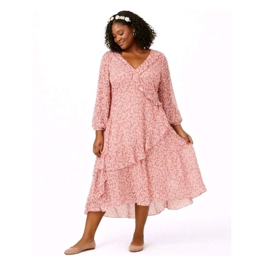 Maeve Anthropologie XXL Sirena Ruffled Tunic Midi Dress coral pink red floral